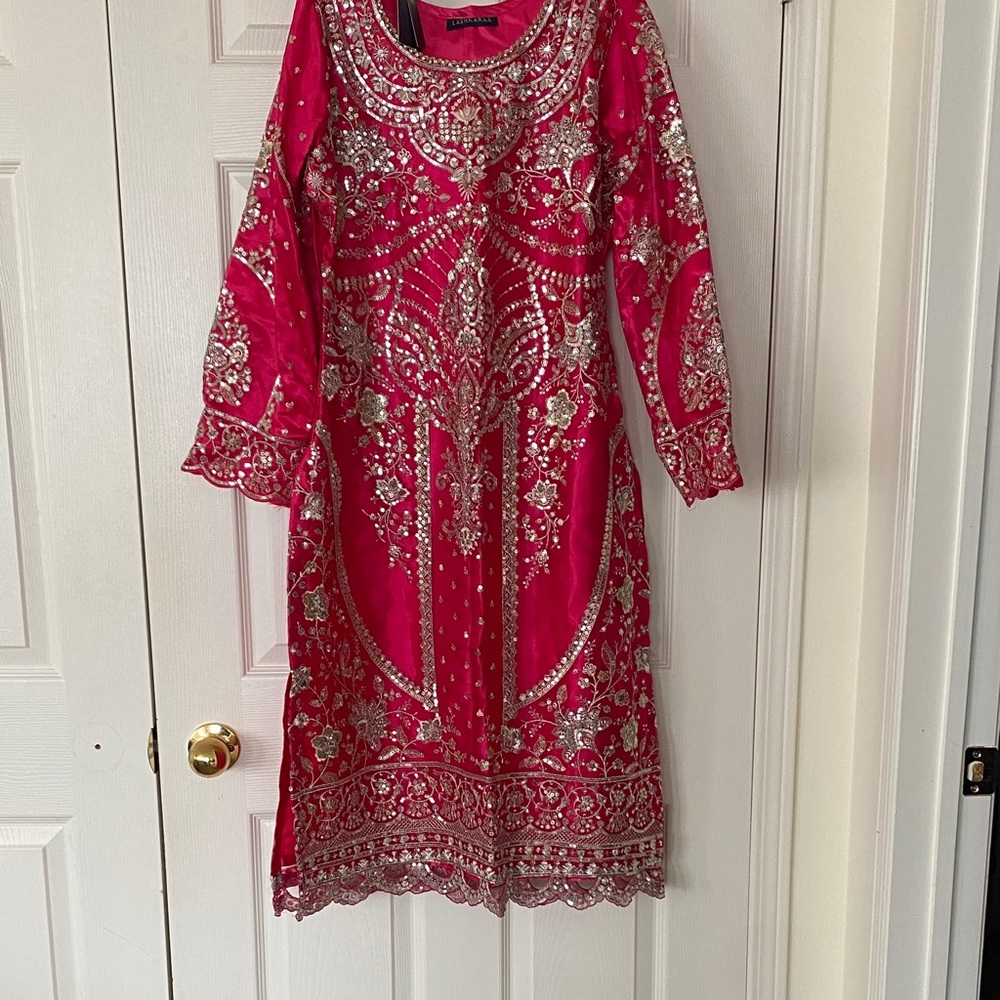 LASHKARAA Elegant Pink and Green Embroidered Palazzo Suit